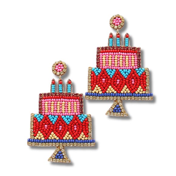 HAPPY BIRTHDAY Layer Cake Celebration Beaded Rhinestone Earrings - Picture 3 of 4